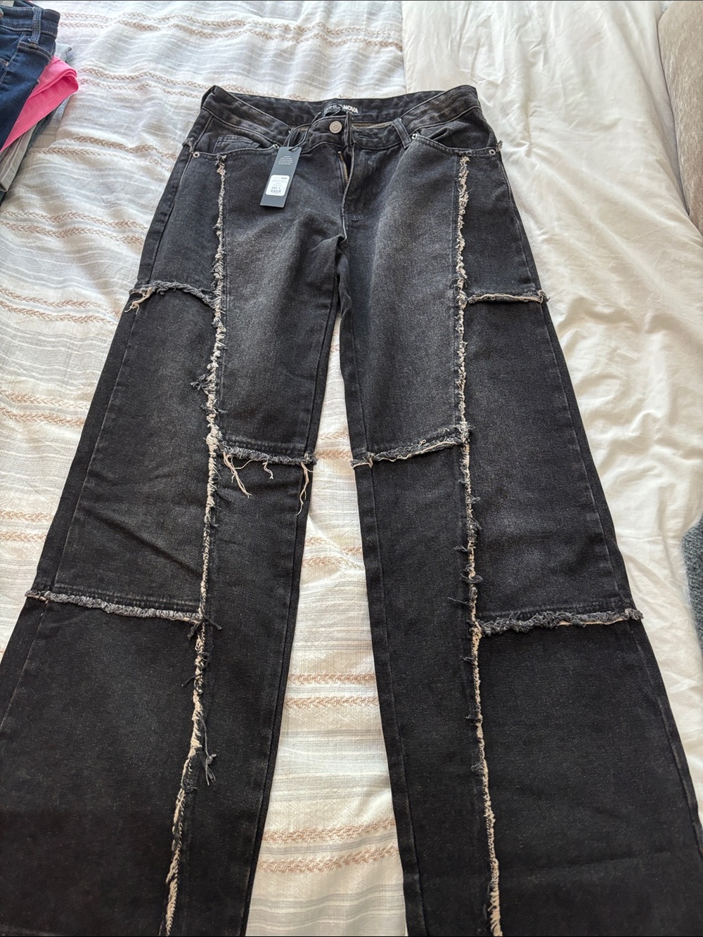 Fashion Nova Black Distressed Wide-Leg Jeans with Frayed Panels